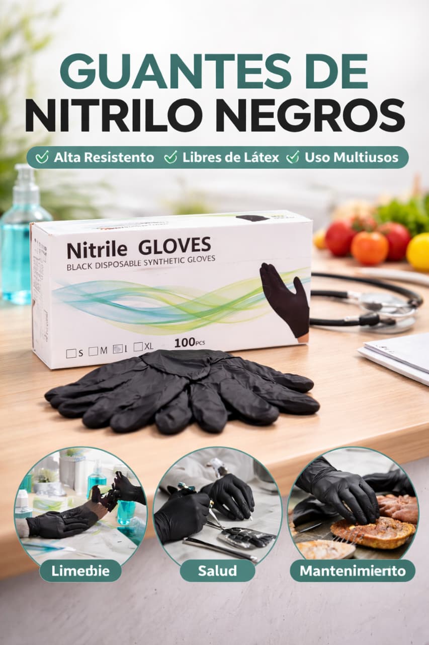 Guantes de Nitrilo Negros Sin Polvo 100